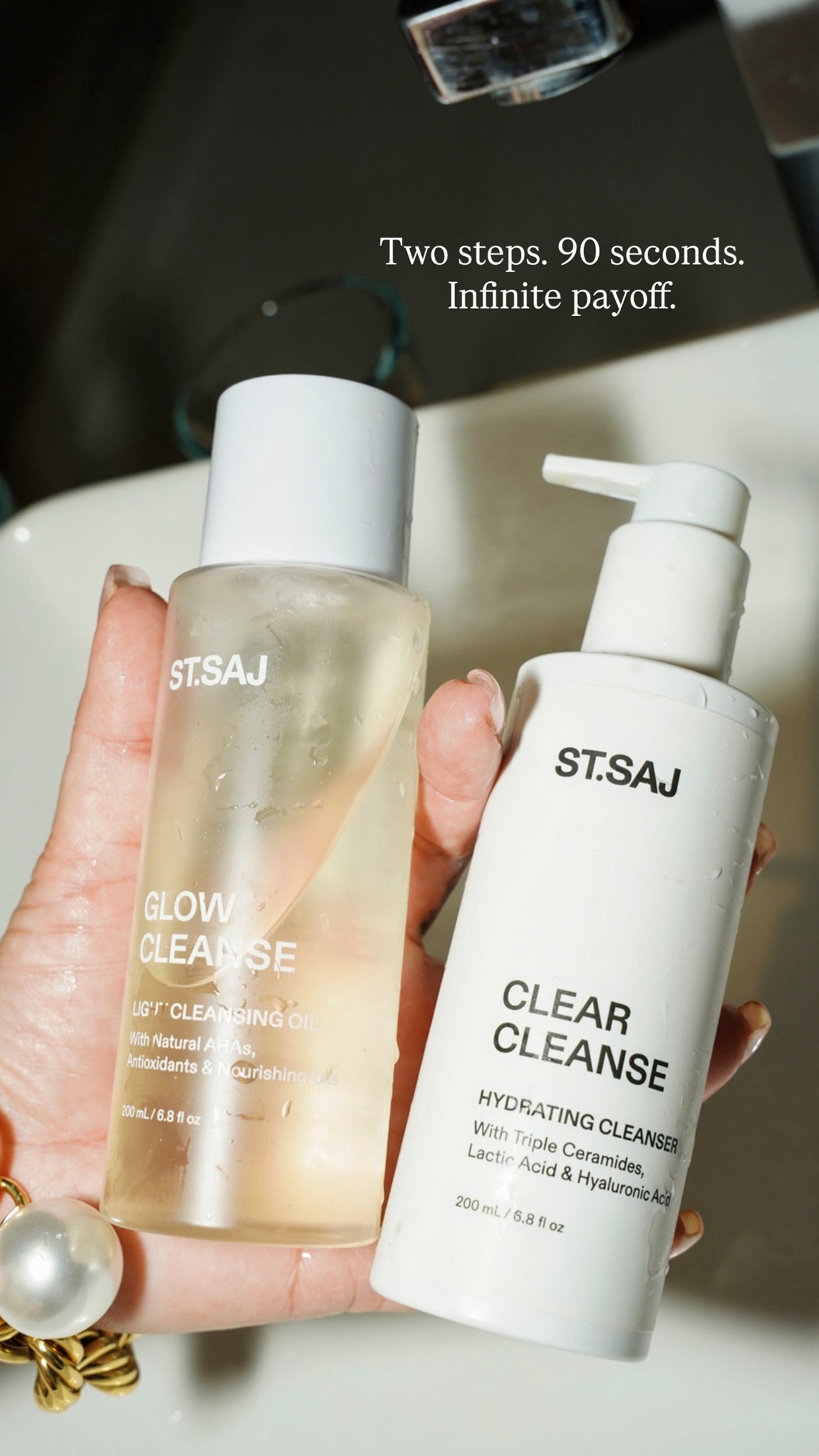 ST.SAJ Glow Cleanse and Clear Cleanse products the two-step double cleansing ritual.