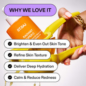 Hands holding ST.SAJ Radiant Super C bottles, text: why we love it, brighten & even out skin tone, refine skin texture, deliver deep hydration, calm & reduce redness.