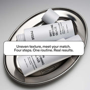 ST.SAJ Skin Refining Routine products on silver tray, text: uneven texture meet your match, four steps one routine real results.