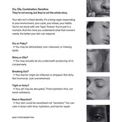 Skin types reference page with close-up skin photos, text covering dry, oily, combination, sensitive, tight and reactive skin types.