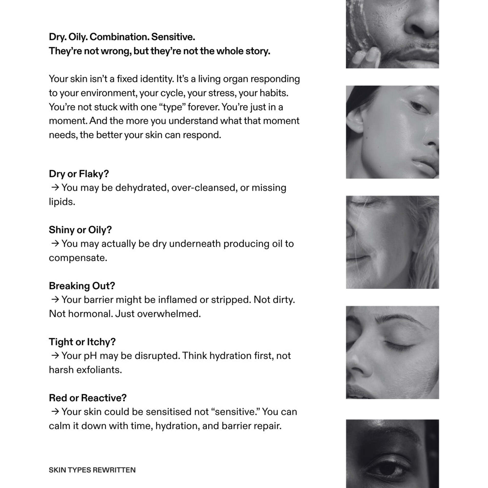 Skin types reference page with close-up skin photos, text covering dry, oily, combination, sensitive, tight and reactive skin types.