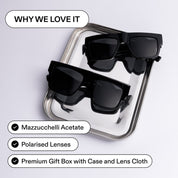 ST.SAJ Eyewear SS01 on silver tray, text: why we love it, Mazzucchelli Acetate, polarised lenses, premium gift box with case and lens cloth.