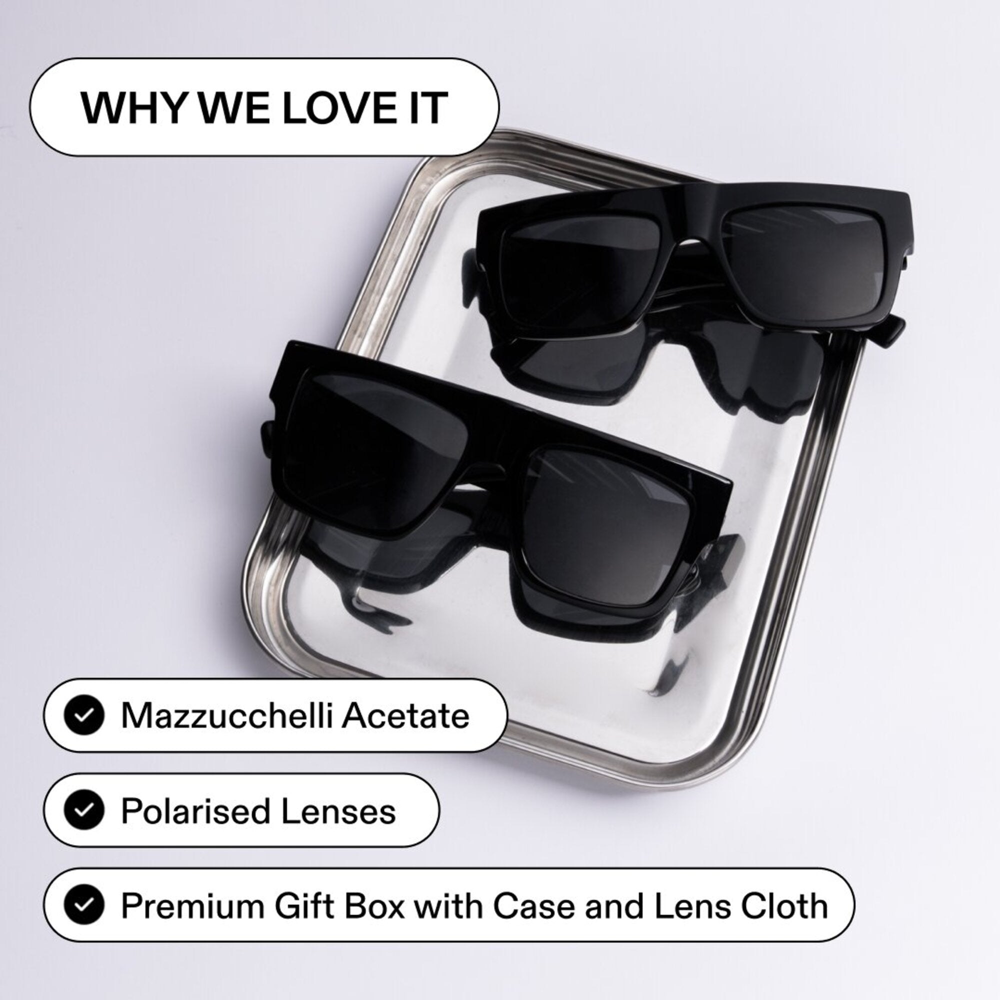 ST.SAJ Eyewear SS01 on silver tray, text: why we love it, Mazzucchelli Acetate, polarised lenses, premium gift box with case and lens cloth.