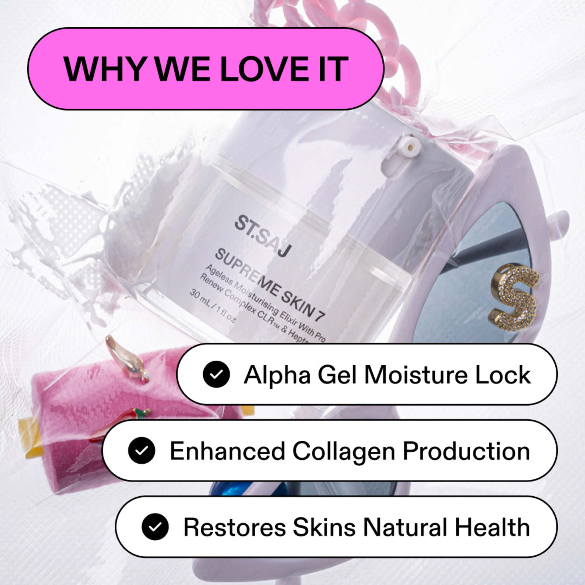 ST.SAJ Supreme Skin 7 - why we love it, alpha gel moisture lock, enhanced collagen production, restores skin's natural health