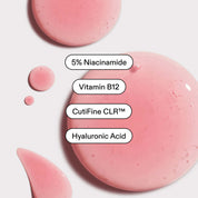 Pink serum droplets background, key ingredients labelled: 5% Niacinamide, Vitamin B12, CutiFine CLR™, Hyaluronic Acid.