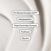 Close-up of Supreme Skin 7 cream texture, key ingredients labelled: Pro Renew Complex CLR™, Heptapeptide-7, Triple Ceramides Complex, Panthenol, Glycerin.