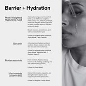 Ingredient reference page, section: barrier + hydration, covering Multi-Weighted Hyaluronic Acid, Glycerin, Madecassoside, Niacinamide (Vitamin B3) with product sources listed.