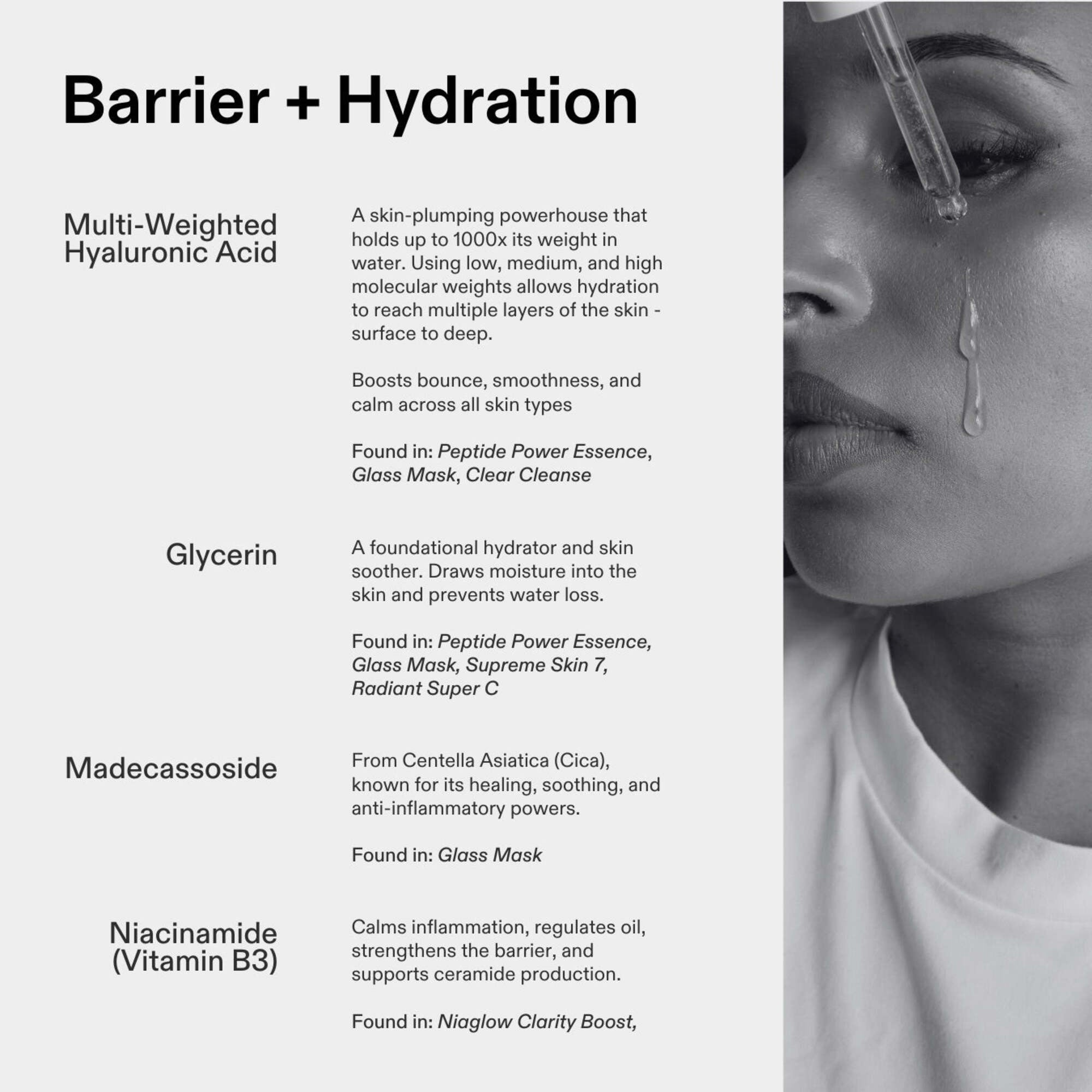 Ingredient reference page, section: barrier + hydration, covering Multi-Weighted Hyaluronic Acid, Glycerin, Madecassoside, Niacinamide (Vitamin B3) with product sources listed.