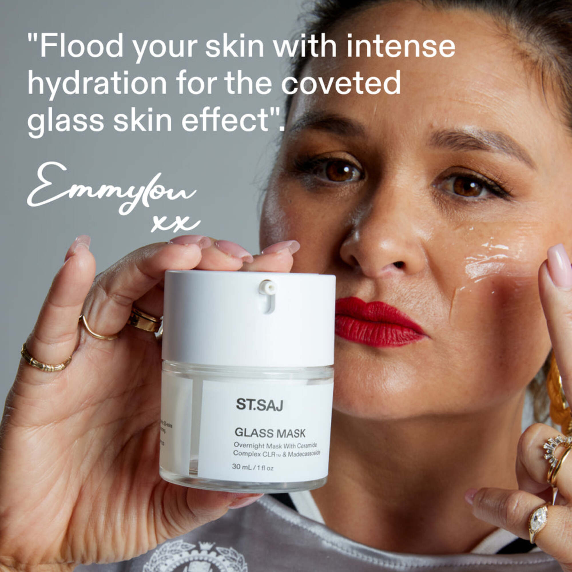 Founder Emmylou holding ST.SAJ Glass Mask close to face, red lips, quote: flood your skin with intense hydration for the coveted glass skin effect. Emmylou xx.