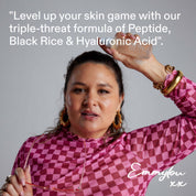 Founder Emmylou in pink checkered outfit, quote: level up your skin game with our triple-threat formula of Peptide, Black Rice & Hyaluronic Acid.