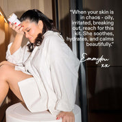 Emmylou in white outfit holding ST.SAJ product with eyes closed, quote: when your skin is in chaos - oily irritated breaking out, reach for this kit, she soothes hydrates and calms beautifully. Emmylou xx.