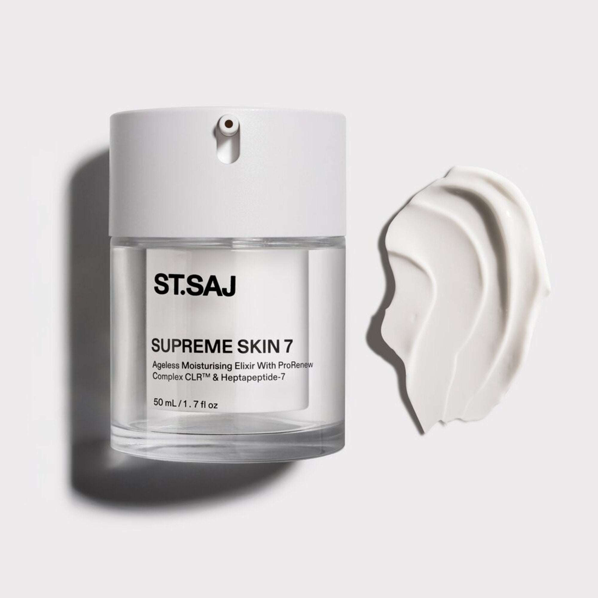 ST.SAJ Supreme Skin 7 jar with cream swatch on a grey background