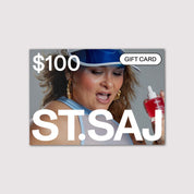 ST.SAJ $100 gift card with Emmylou in blue cap holding product.