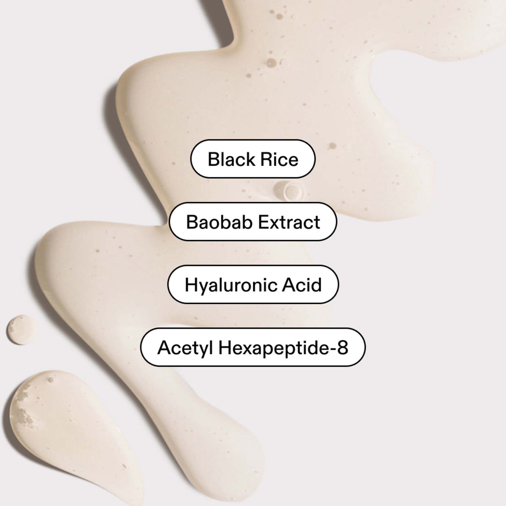 Close-up of cream texture, key ingredients labelled: Black Rice, Baobab Extract, Hyaluronic Acid, Acetyl Hexapeptide-8.