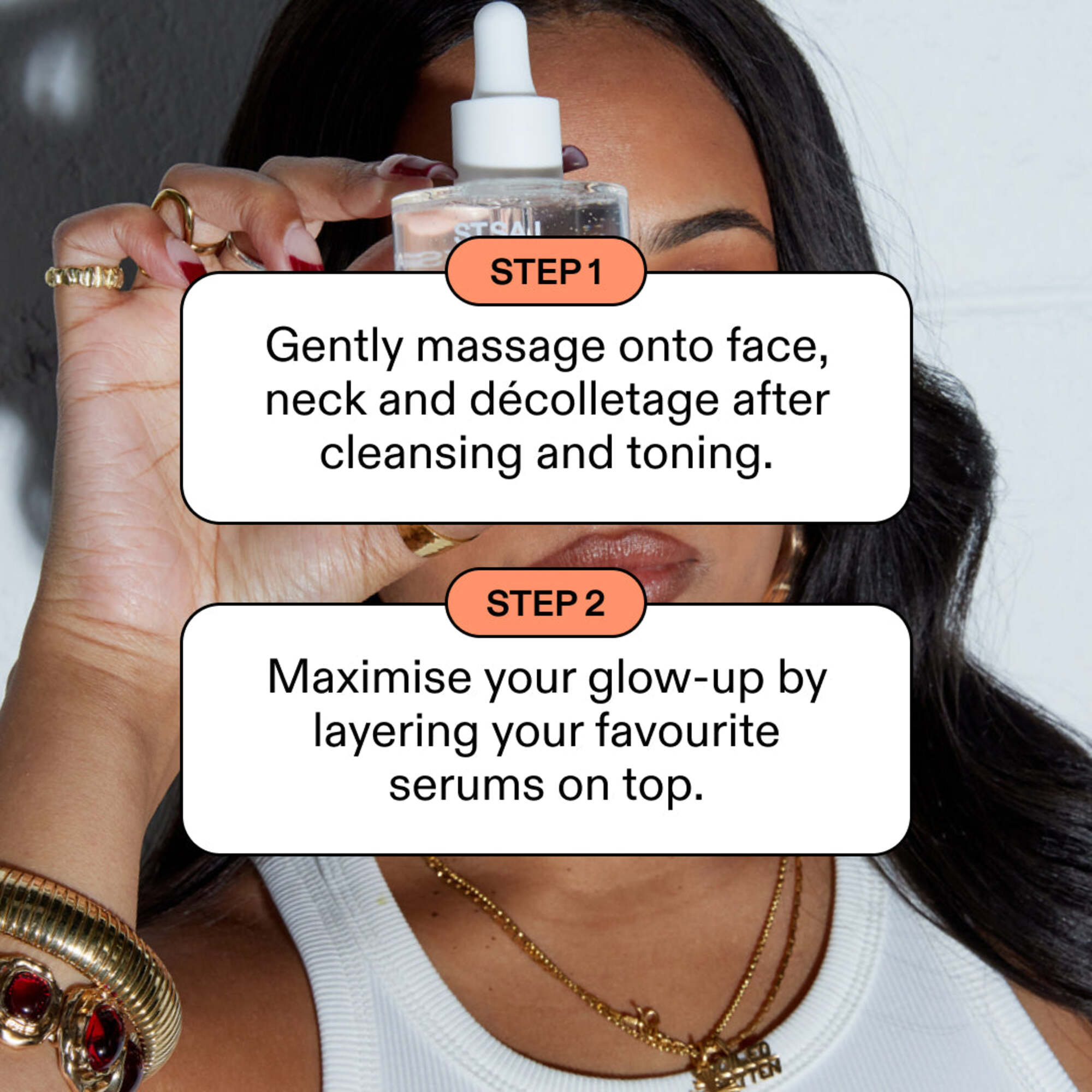 ST.SAJ Hyaluronic Smoothing Complex two-step how to use - massage onto face neck and décolletage after cleansing and toning, then layer serums on top