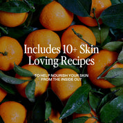 Oranges and citrus fruits flat lay, text: includes 10+ skin loving recipes to help nourish your skin from the inside out, a ST.SAJ philosophy by Emmylou MacCarthy founder of ST.SAJ.