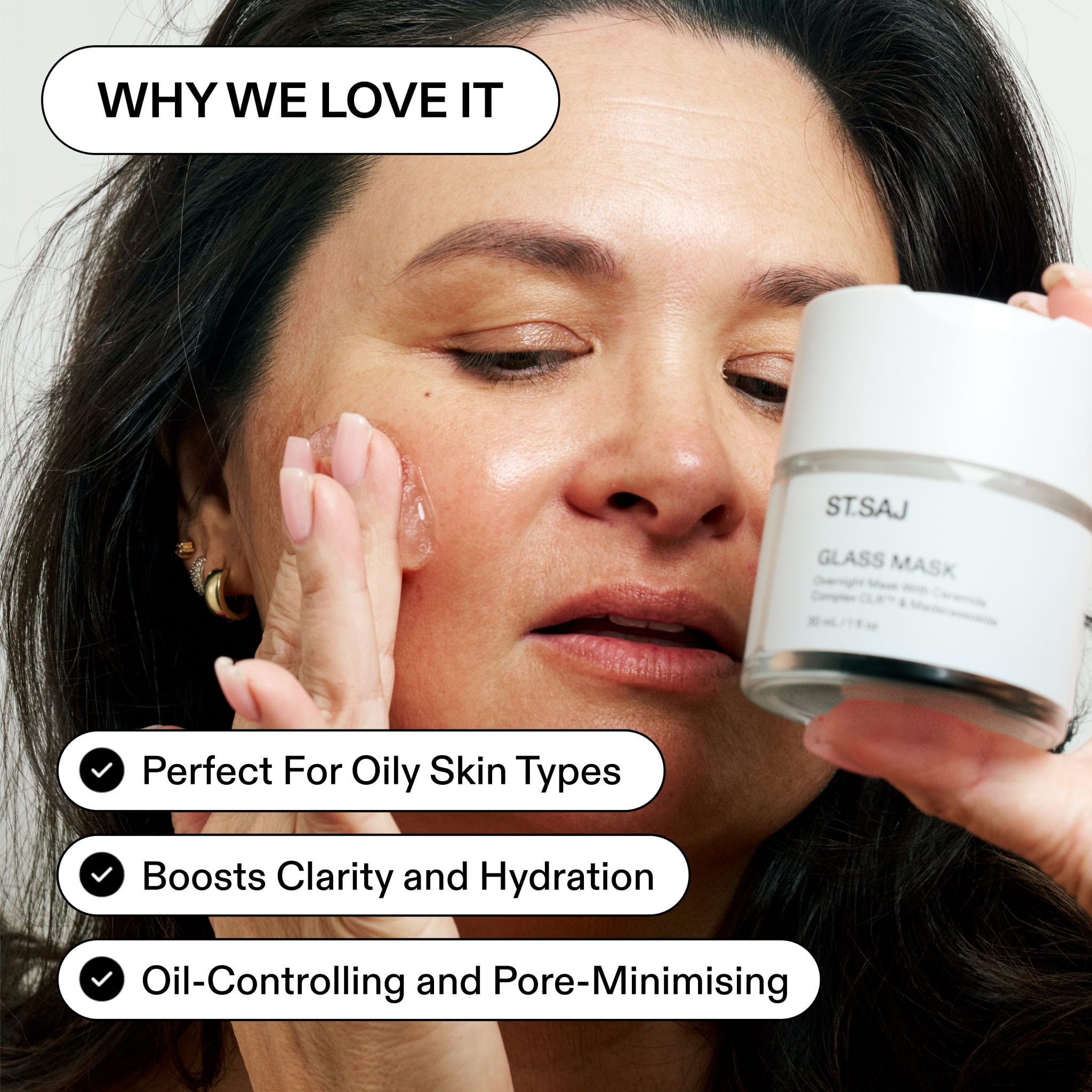 ST.SAJ Clear Skin Routine: Emmylou applying Glass Mask, why we love it, perfect for oily and blemish-prone skin
