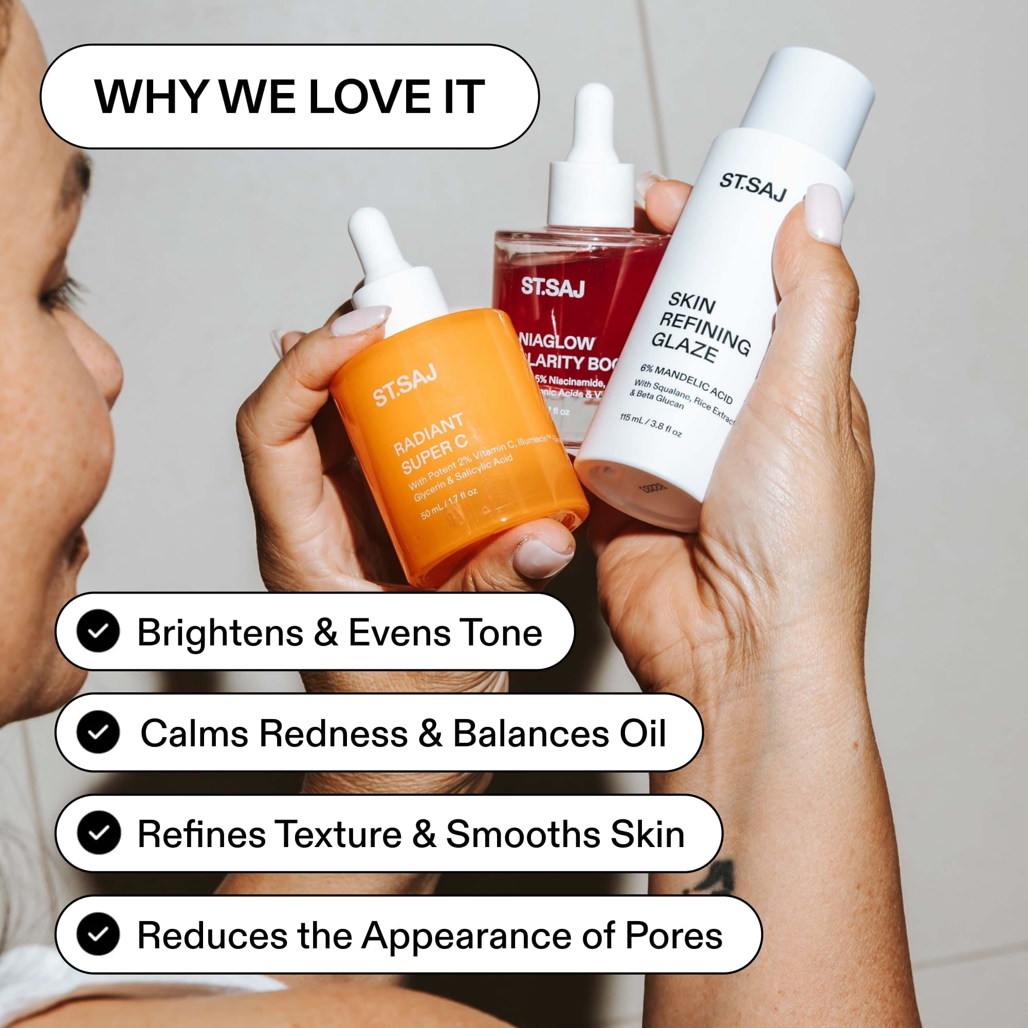 ST.SAJ Clarity Trio - why we love it, brightens and evens tone, calms redness, refines texture and reduces pores