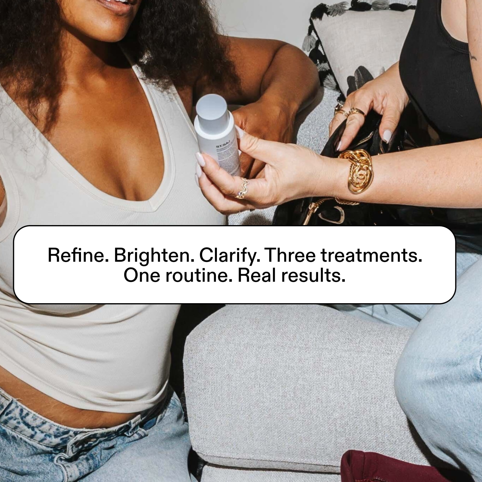 ST.SAJ Clarity Trio - two models holding Skin Refining Glaze, three treatments one routine