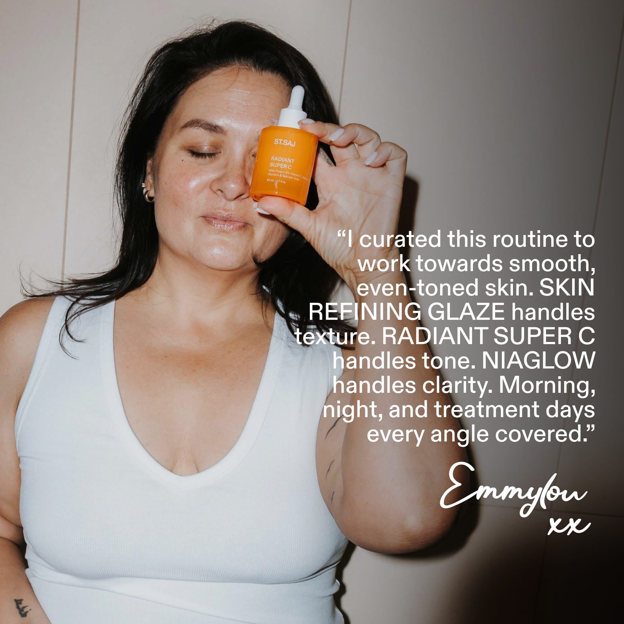 ST.SAJ founder Emmylou recommending Clarity Trio - Skin Refining Glaze for texture, Radiant Super C for tone, NiaGlow for clarit