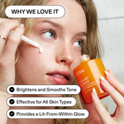 ST.SAJ Glow Kit - model applying Radiant Super C serum, brightens and smooths skin tone