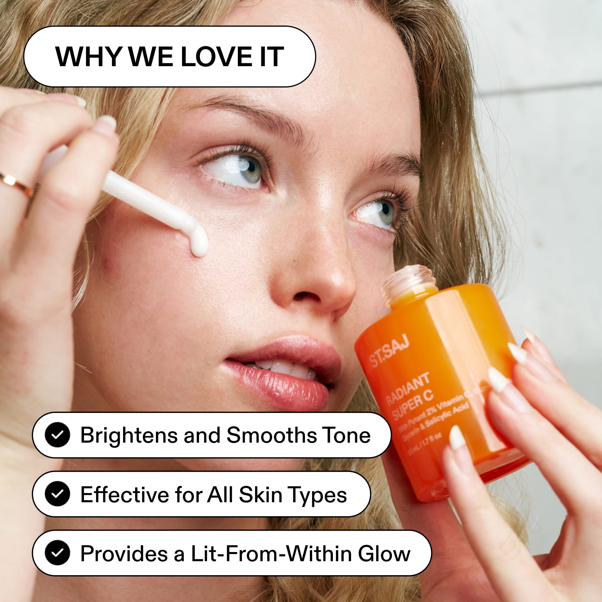 ST.SAJ Glow Kit - model applying Radiant Super C serum, brightens and smooths skin tone