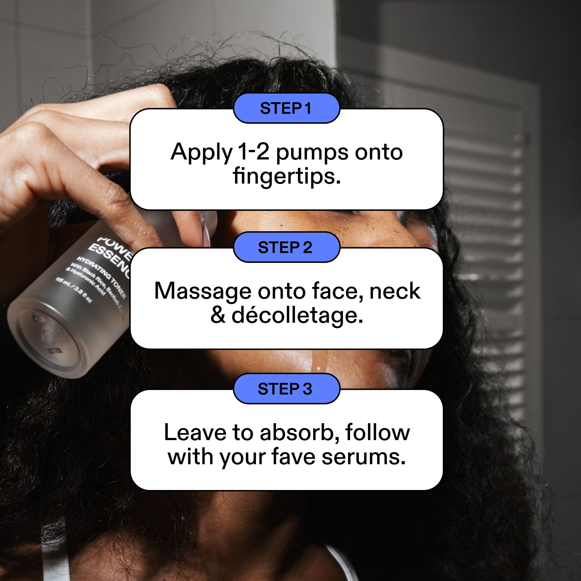 ST.SAJ Peptide Power Essence three-step how to use - apply 1-2 pumps onto fingertips, massage onto face neck and décolletage, leave to absorb then follow with serums