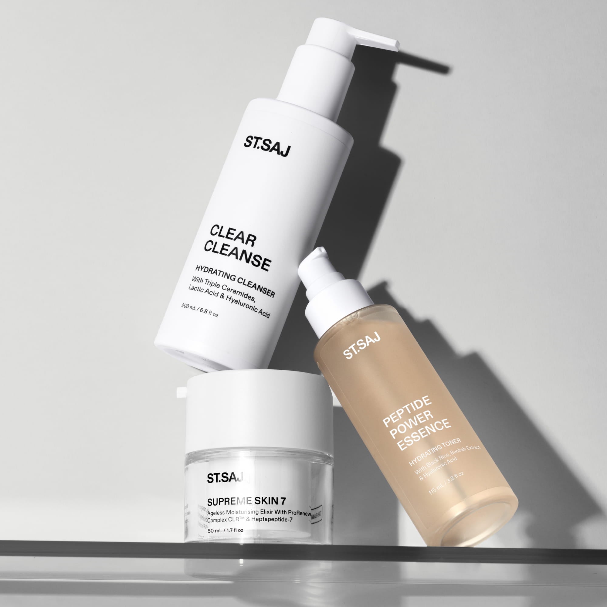 ST.SAJ Starter Routine - Clear Cleanse, Peptide Power Essence and Supreme Skin 7 product flat lay