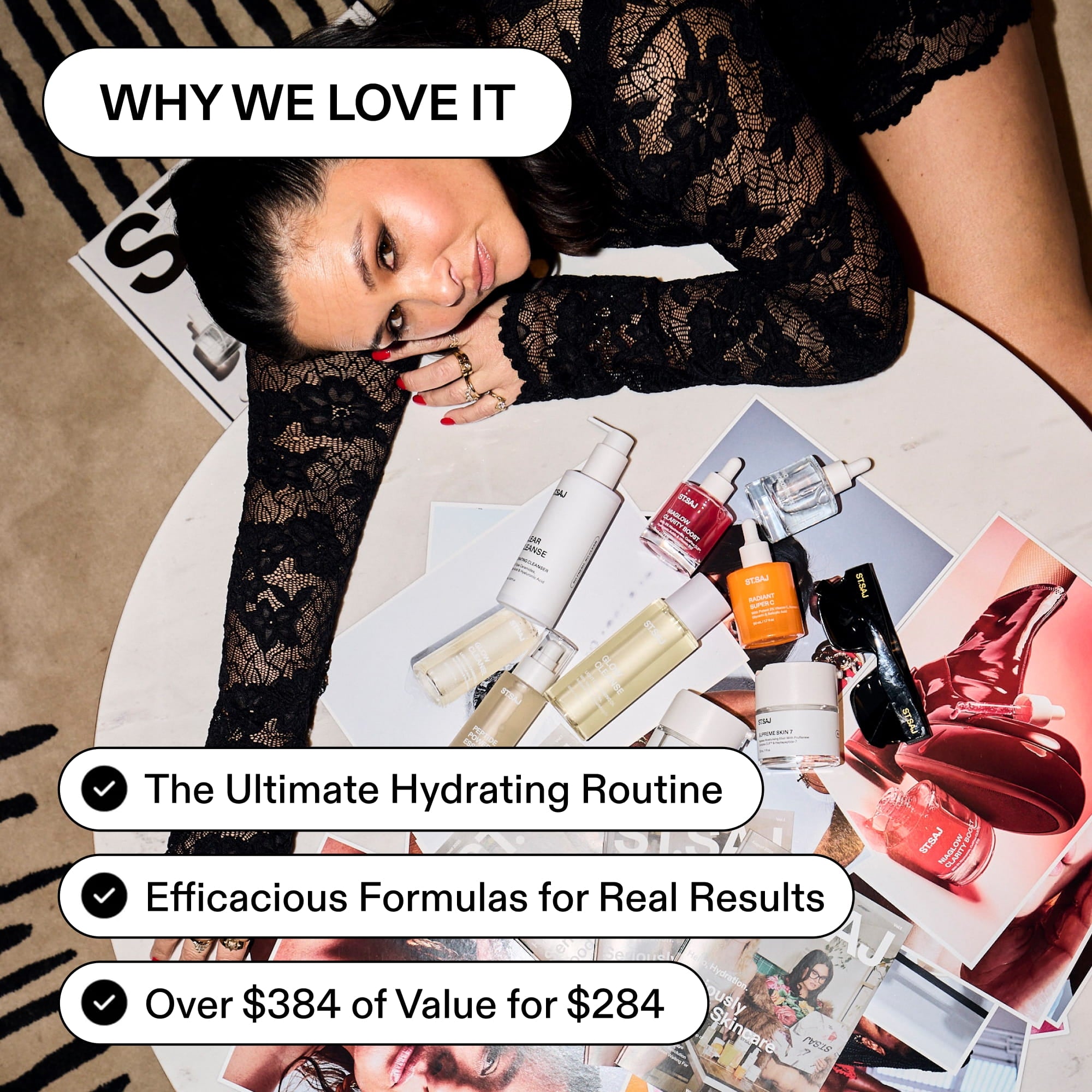 ST.SAJ Supreme Skin Kit - Emmylou with full product range, why we love it, ultimate hydrating barrier-repairing routine