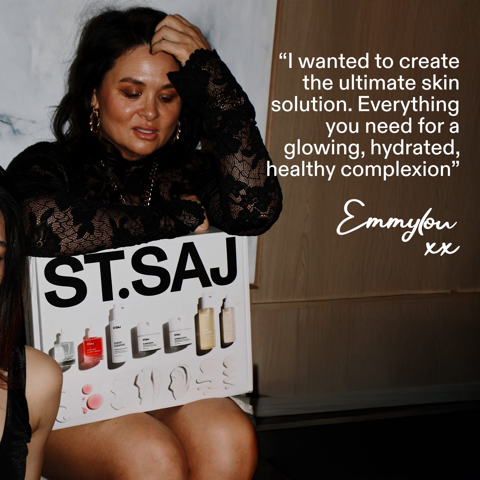ST.SAJ founder Emmylou with Supreme Skin Kit - created for glowing hydrated healthy complexion