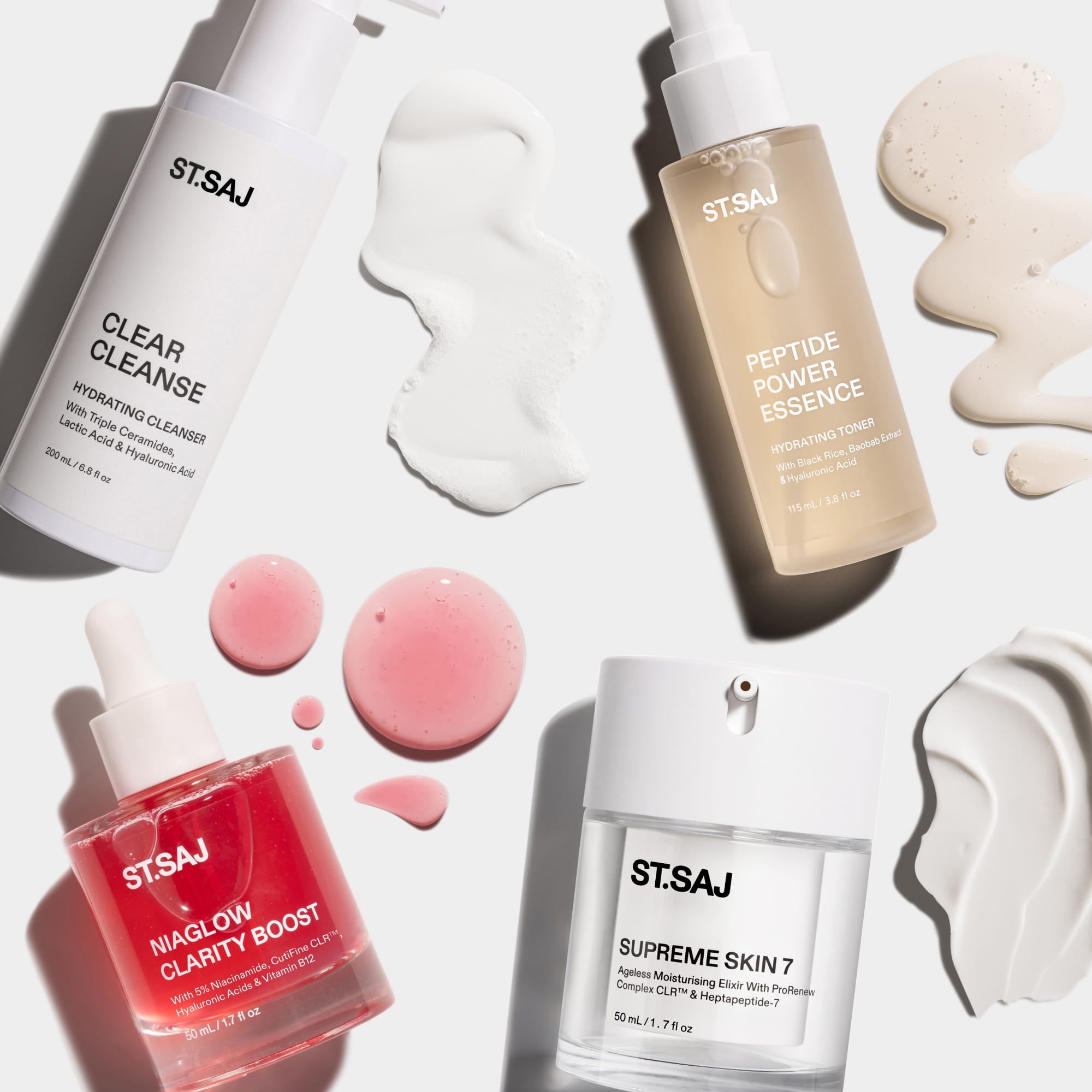 ST.SAJ Teen Skin Routine - Clear Cleanse, Peptide Power Essence, NiaGlow Clarity Boost and Supreme Skin 7 flat lay