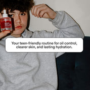 ST.SAJ Teen Skin Routine - teen model Sage holding NiaGlow Clarity Boost, oil control and clearer skin routine