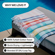 ST.SAJ Poolside Turkish Towel - why we love it, 100% Turkish cotton, quick-drying lightweight with branded loop tag