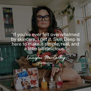 Founder Emmylou MacCarthy in kitchen holding Skin Deep ebook, quote: if you've ever felt overwhelmed by skincare, I get it, Skin Deep is here to make it simple real and a little bit delicious.