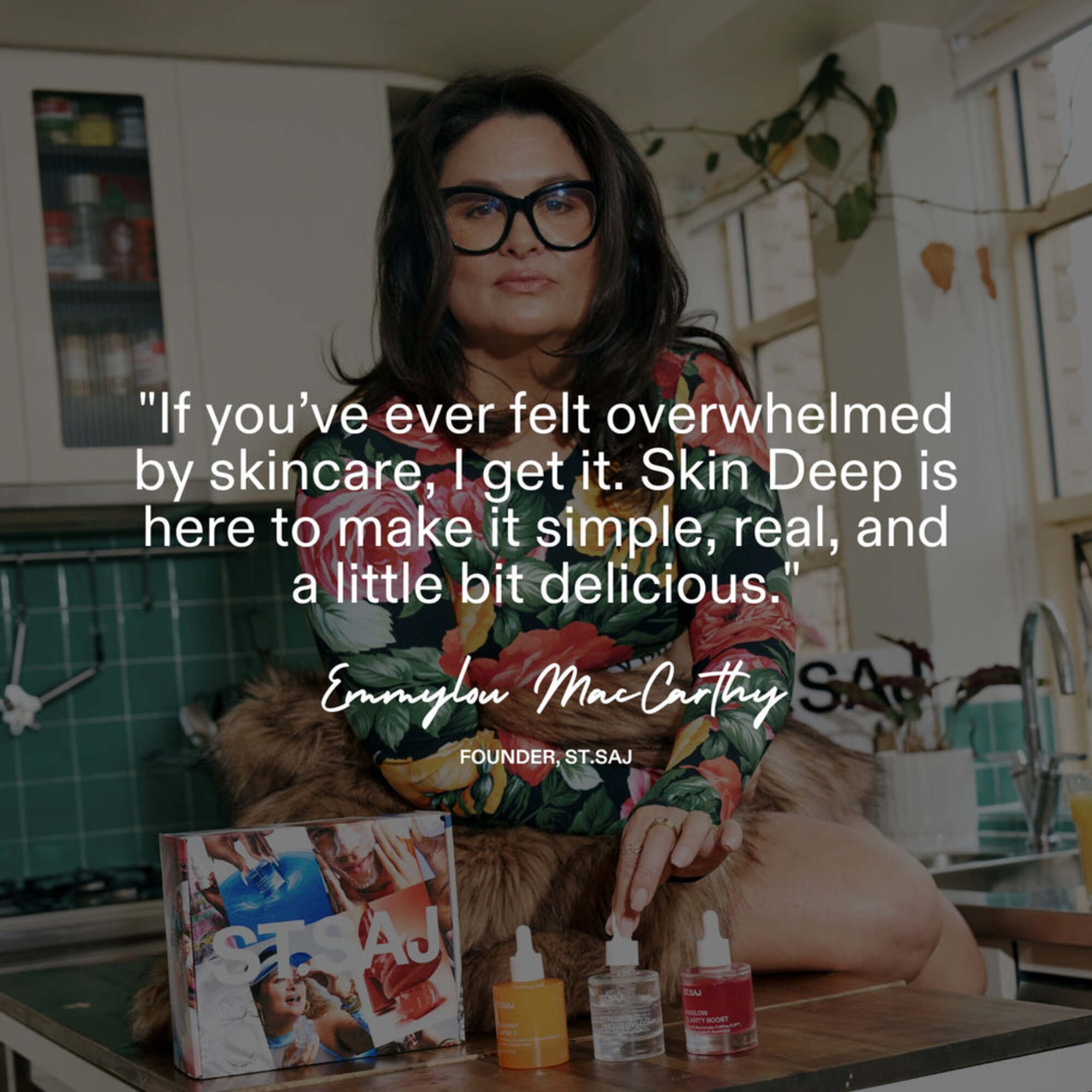 Founder Emmylou MacCarthy in kitchen holding Skin Deep ebook, quote: if you've ever felt overwhelmed by skincare, I get it, Skin Deep is here to make it simple real and a little bit delicious.