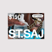 ST.SAJ $150 gift card with woman holding ST.SAJ products.
