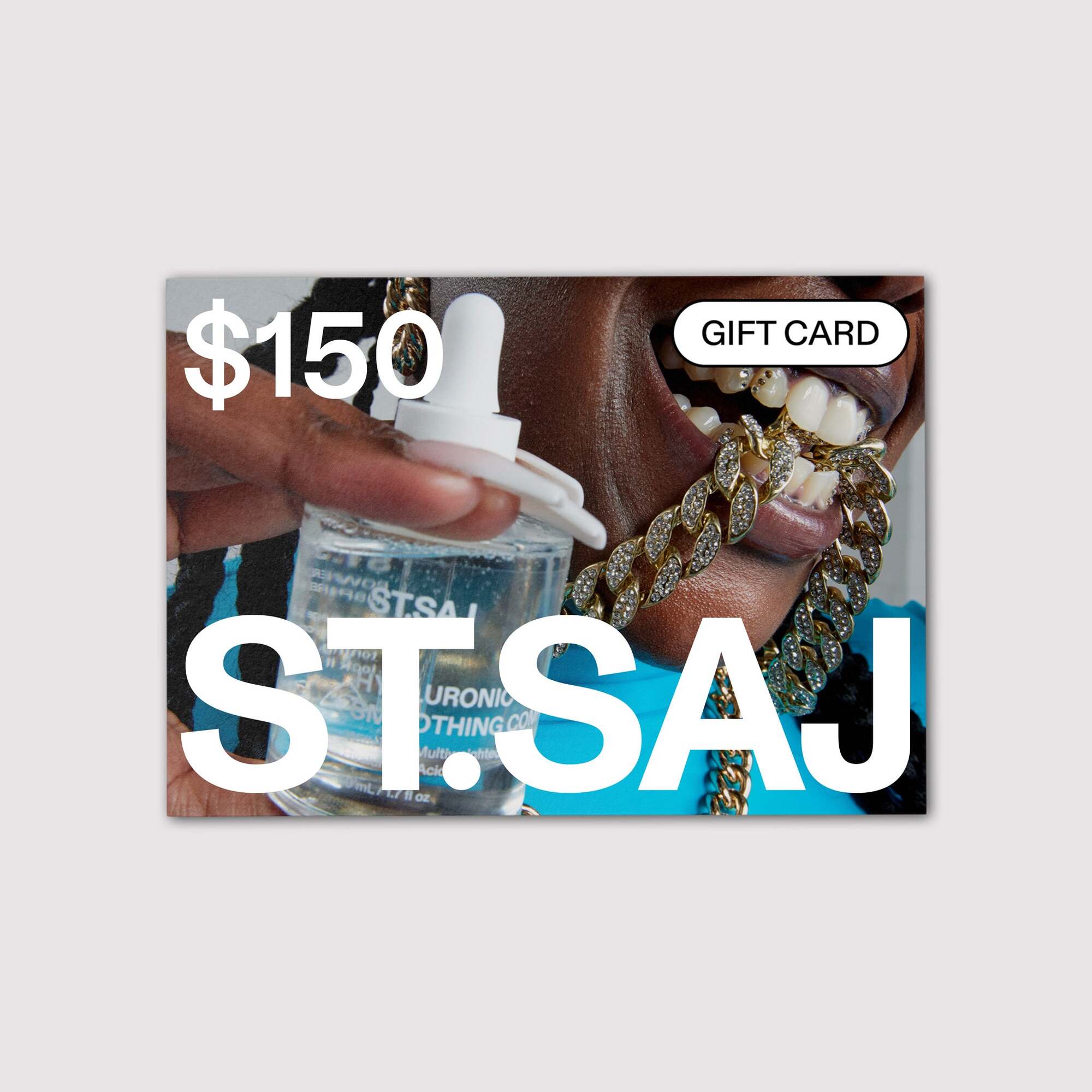 ST.SAJ $150 gift card with woman holding ST.SAJ products.