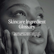 Woman looking upward, text: ST.SAJ ingredient glossary, learn about what's in your ST.SAJ products and what it's doing.