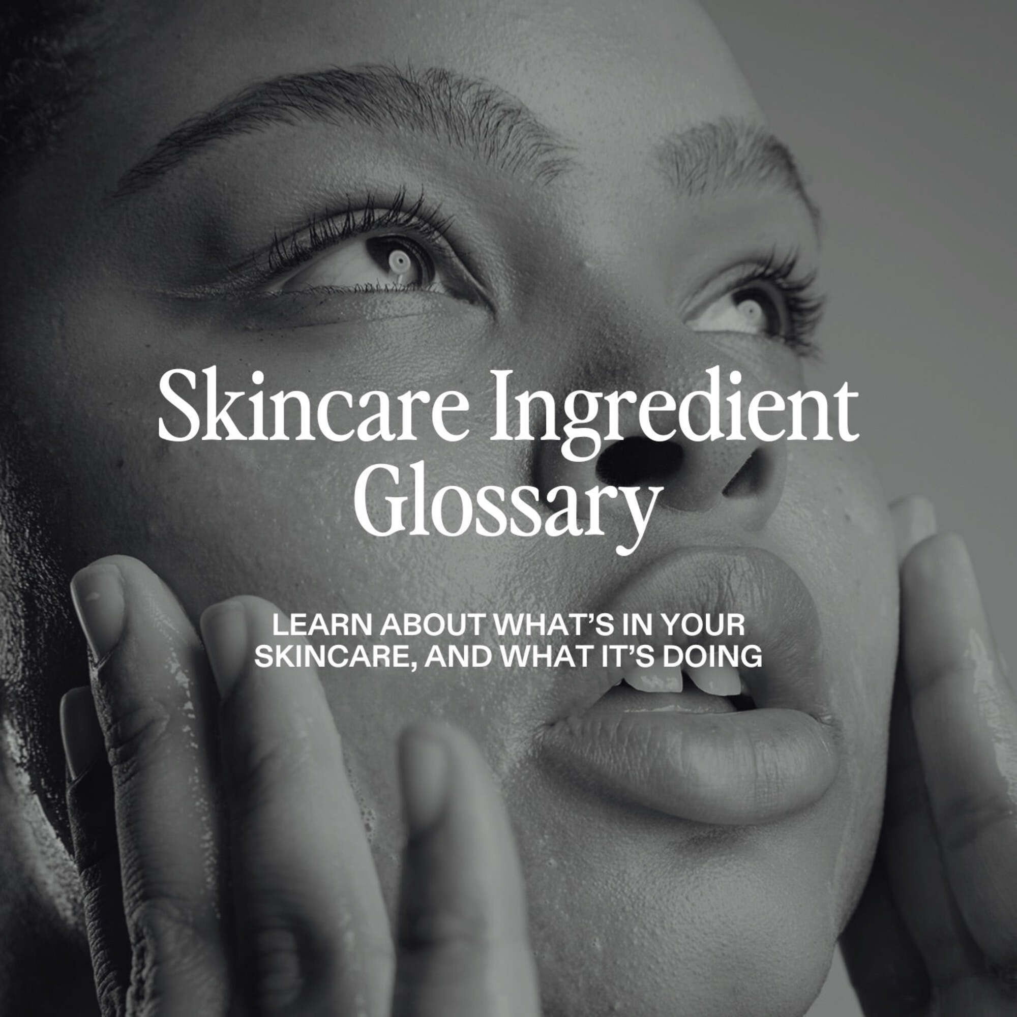 Woman looking upward, text: ST.SAJ ingredient glossary, learn about what's in your ST.SAJ products and what it's doing.