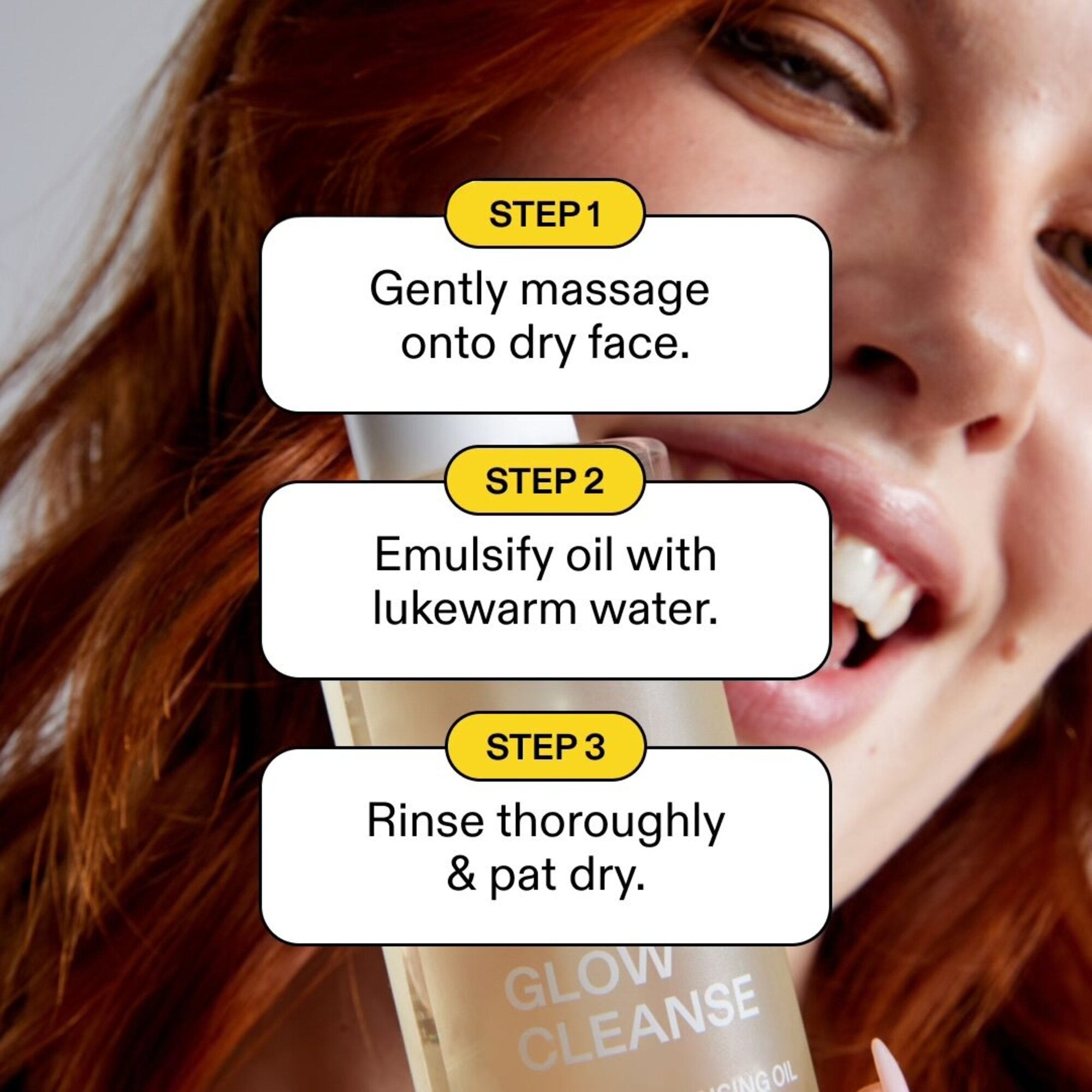 ST.SAJ Glow Cleanse three-step how to use - massage onto dry face, emulsify with water, rinse and pat dry