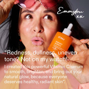 Founder Emmylou in pink sunglasses holding ST.SAJ Radiant Super C, quote: redness dullness uneven tone not on my watch, I created this powerful Vitamin C serum to smooth brighten and bring out your natural glow because everyone deserves healthy radiant skin.