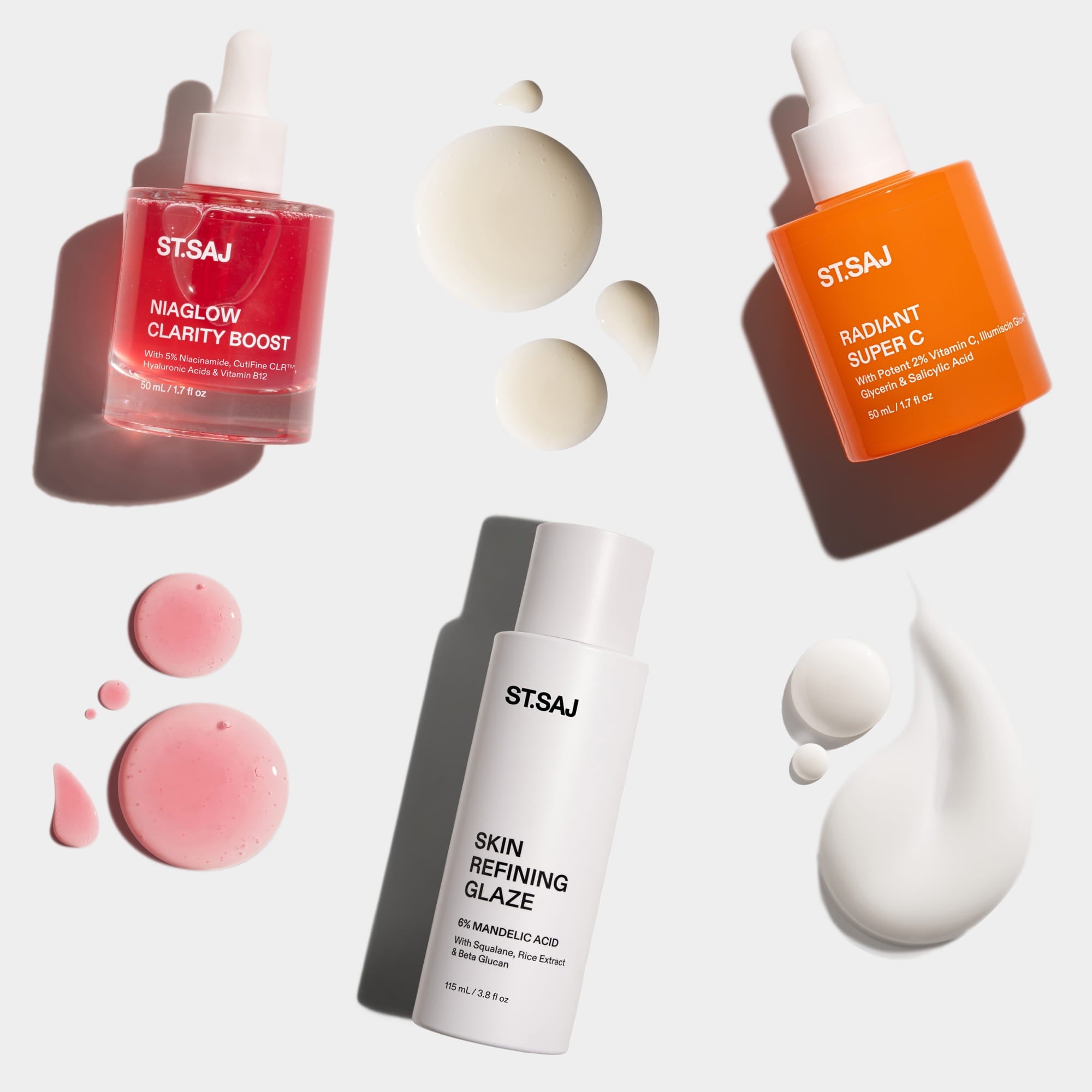 ST.SAJ Clarity Trio - NiaGlow Clarity Boost, Radiant Super C and Skin Refining Glaze product flat lay