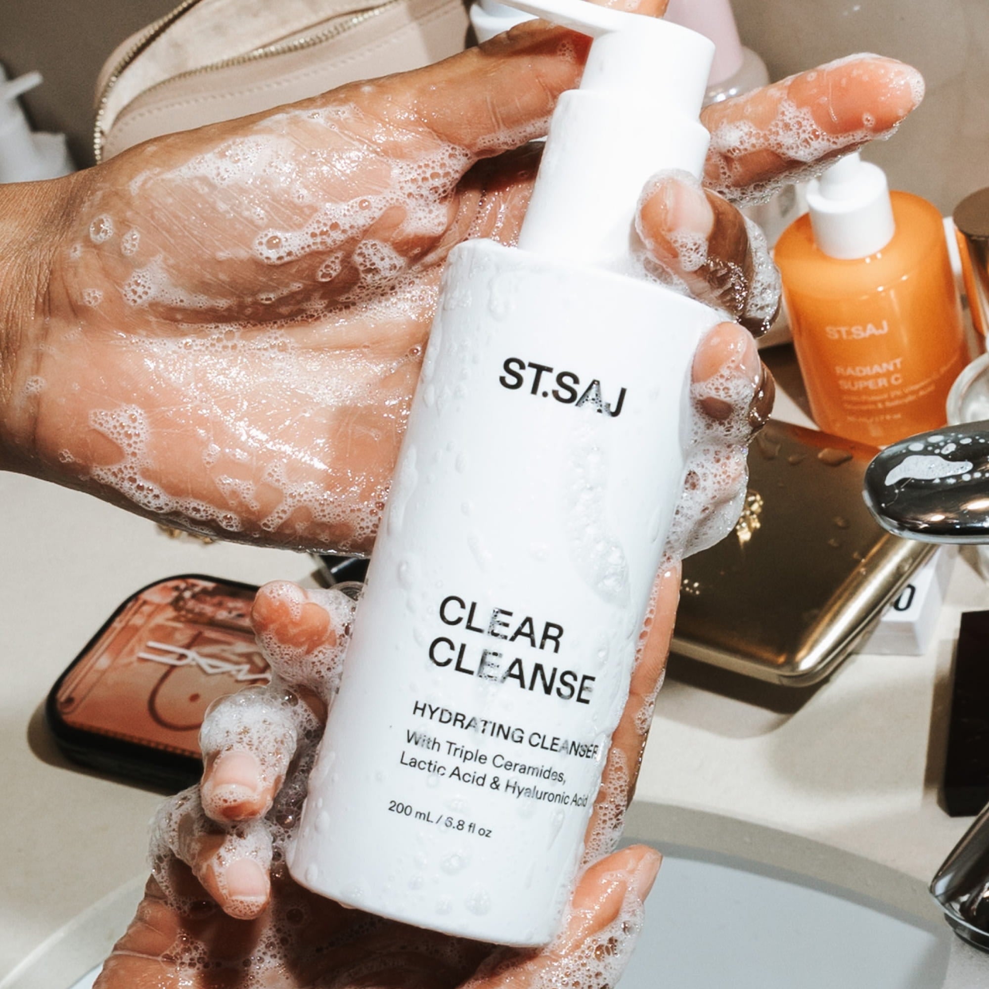 Clear Cleanse foaming lather in bathroom - gentle ceramide cleanser for sensitive skin