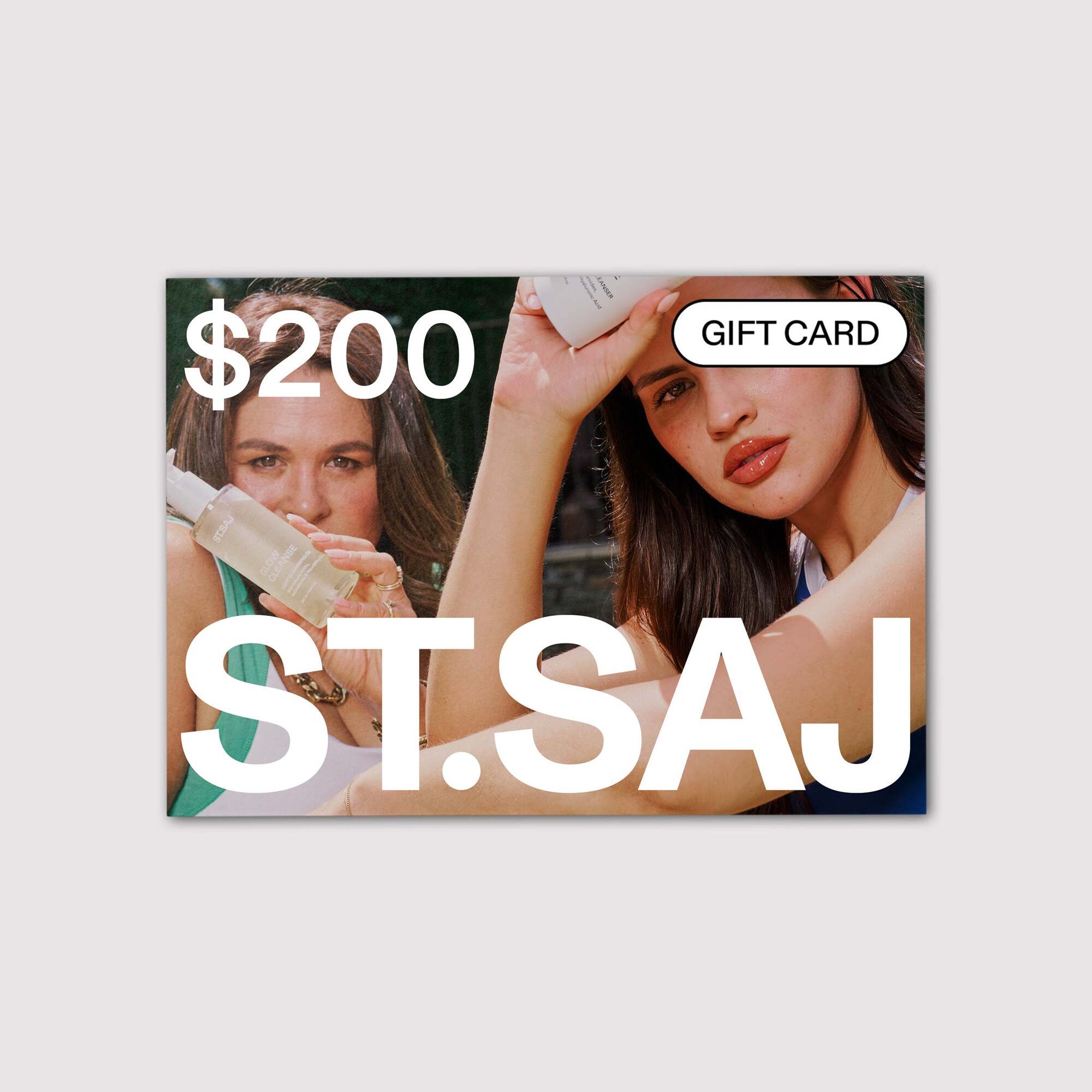 ST.SAJ $200 gift card with Emmylou touching her face.