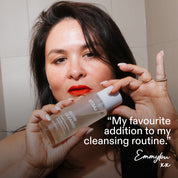 ST.SAJ Glow Cleanse - founder Emmylou with cleansing oil, that lip isn't going to remove itself
