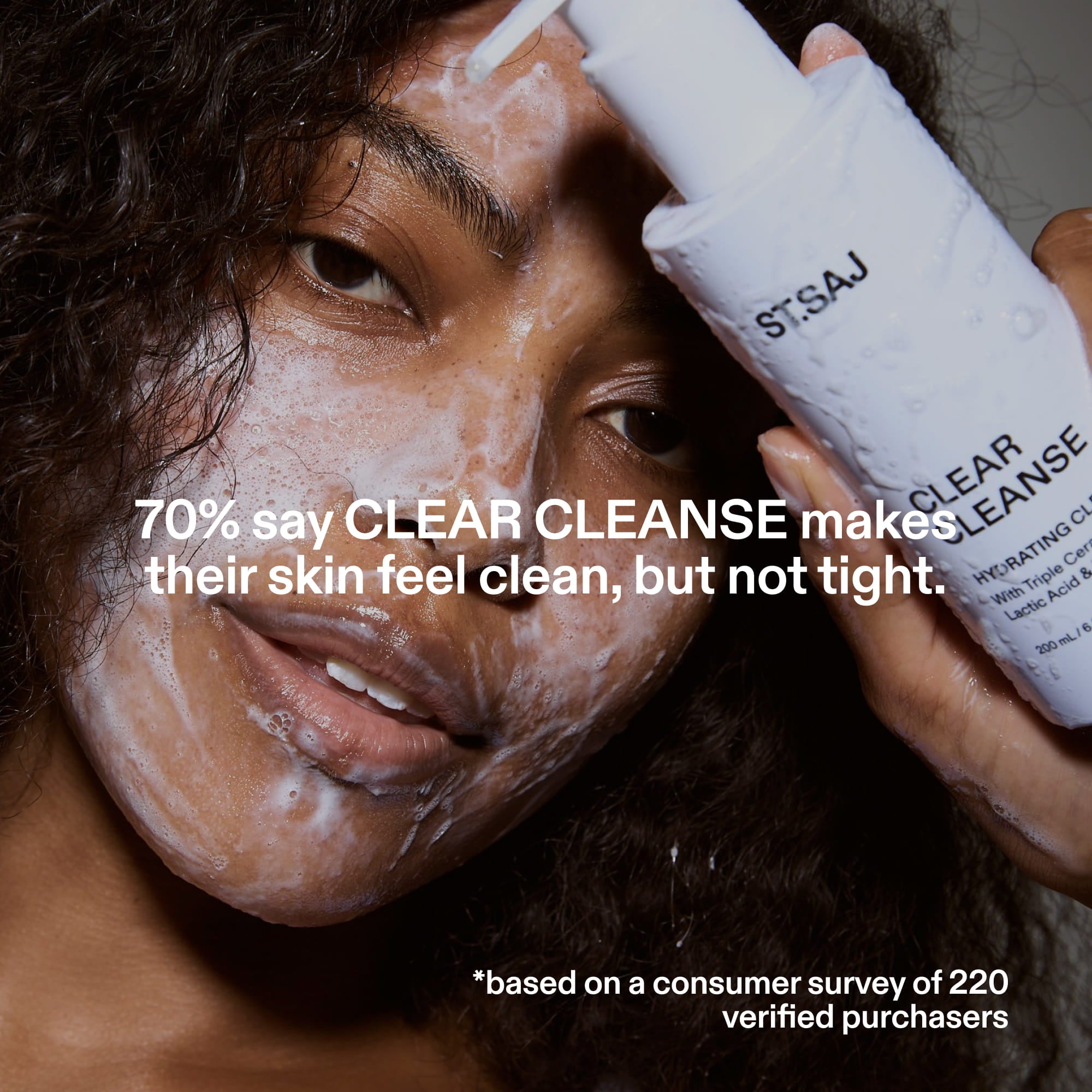 Model using ST.SAJ Clear Cleanse mini for clean never tight skin