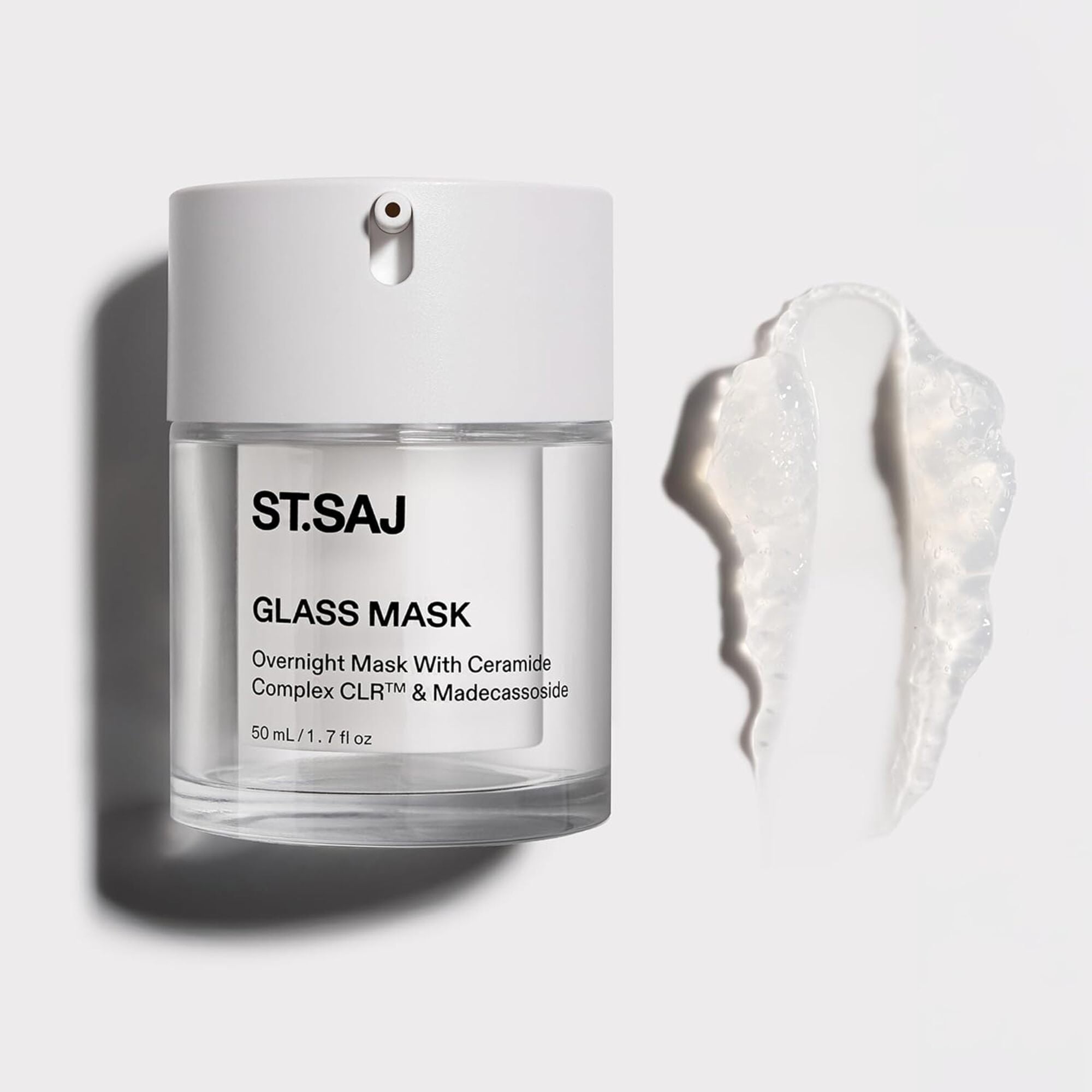ST.SAJ Glass Mask jar with cream swatch on white