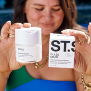 Emmylou holding ST.SAJ Glass Mask Refill jar