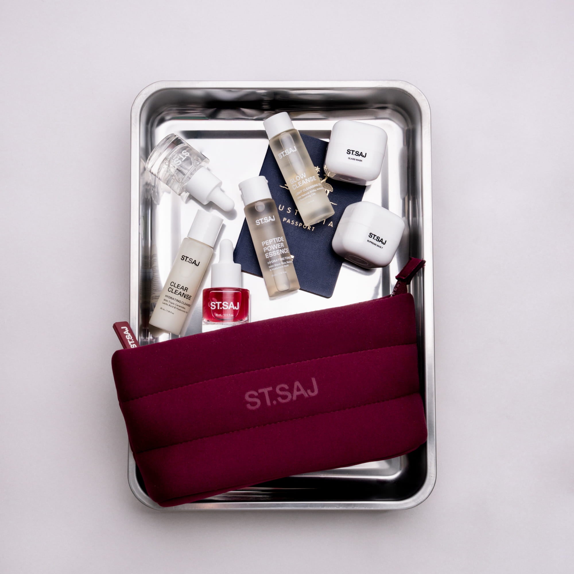 ST.SAJ Mini Cloud Bag with travel size skincare minis