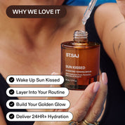Hand holding ST.SAJ Sun Kissed tanning serum with benefits: buildable golden glow, layers into your routine, 24HR+ hydration